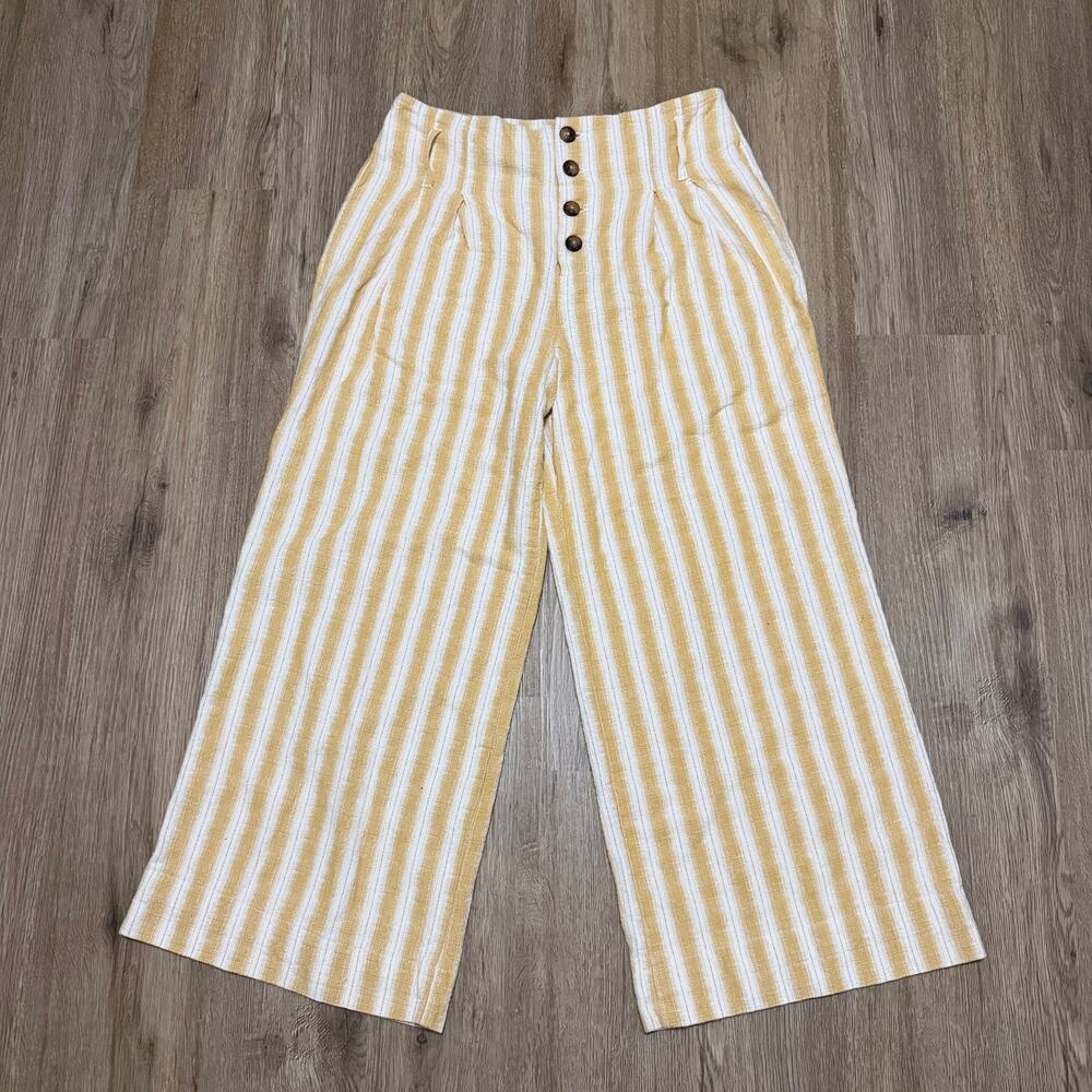 Harper Heritage Wide Leg Linen Pants Women Size Medium Yellow White Striped